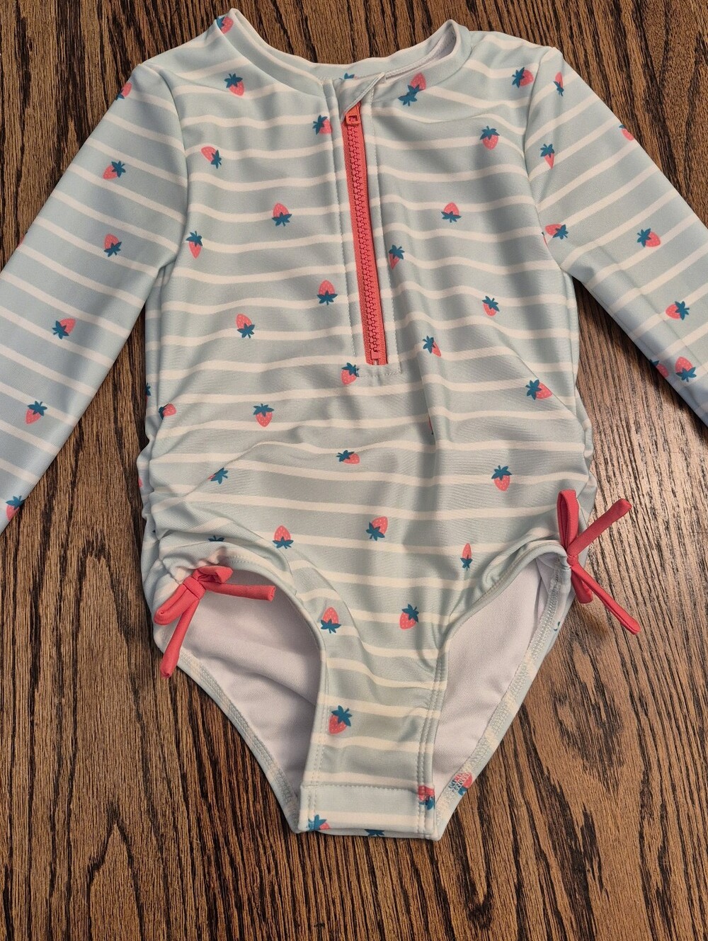Cat & Jack Pink Zip-Front Strawberry Stripe Rashguard Set Of 2 - Picture 6 of 10
